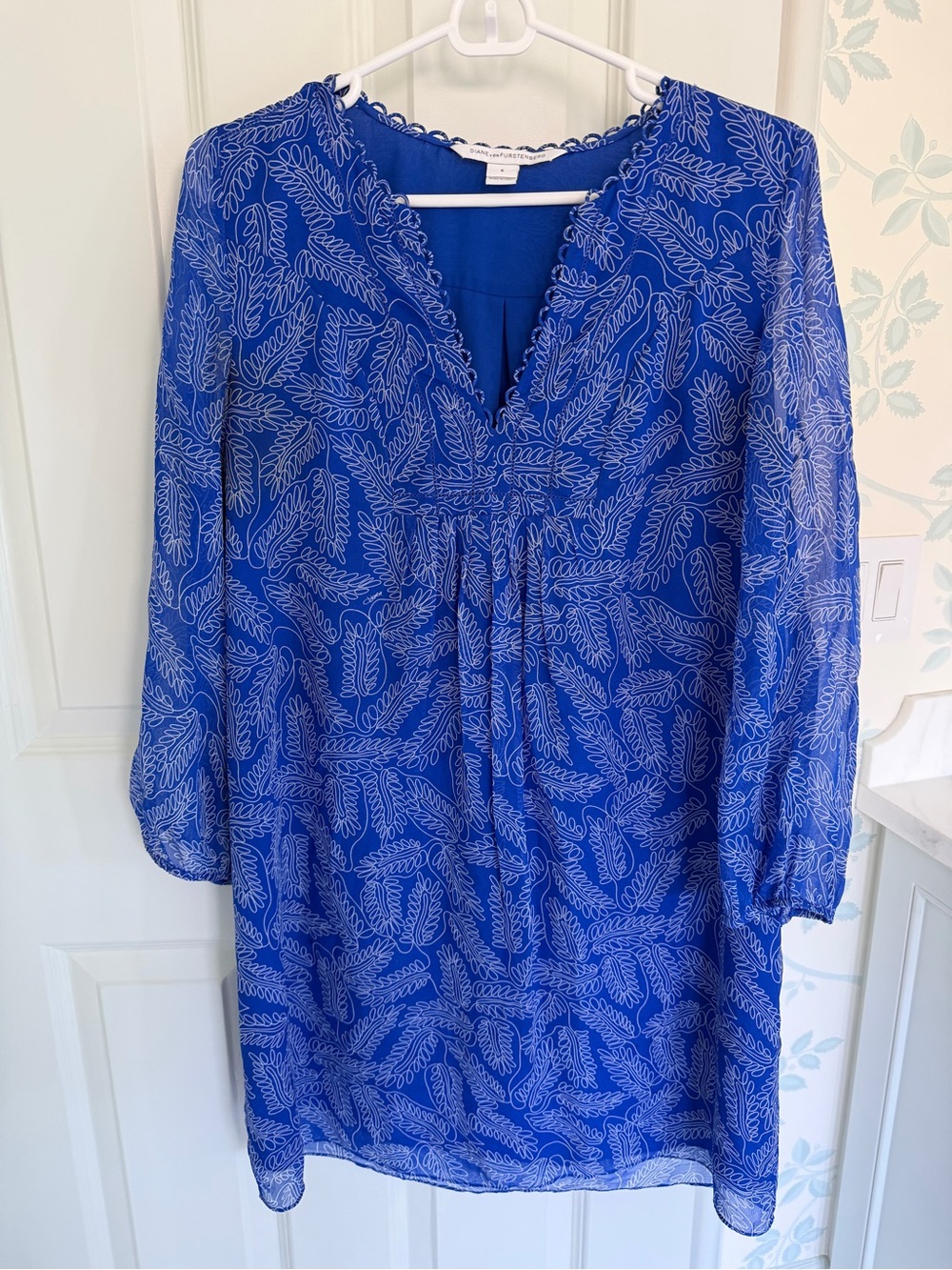 Diane Von Furstenberg Royal Blue Leaf-Print Long-Sleeve Dress